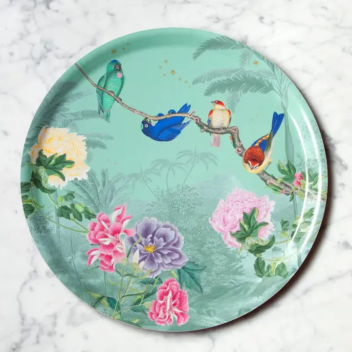 Plateau rond en bois motif oiseaux
