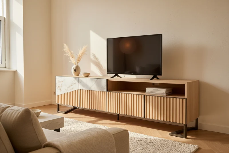 Meuble tv en bois et céramique blanche - Oblique