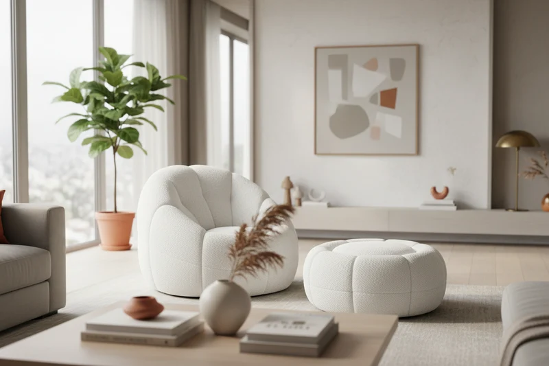 Fauteuil bouclette blanc avec pouf - Cozya