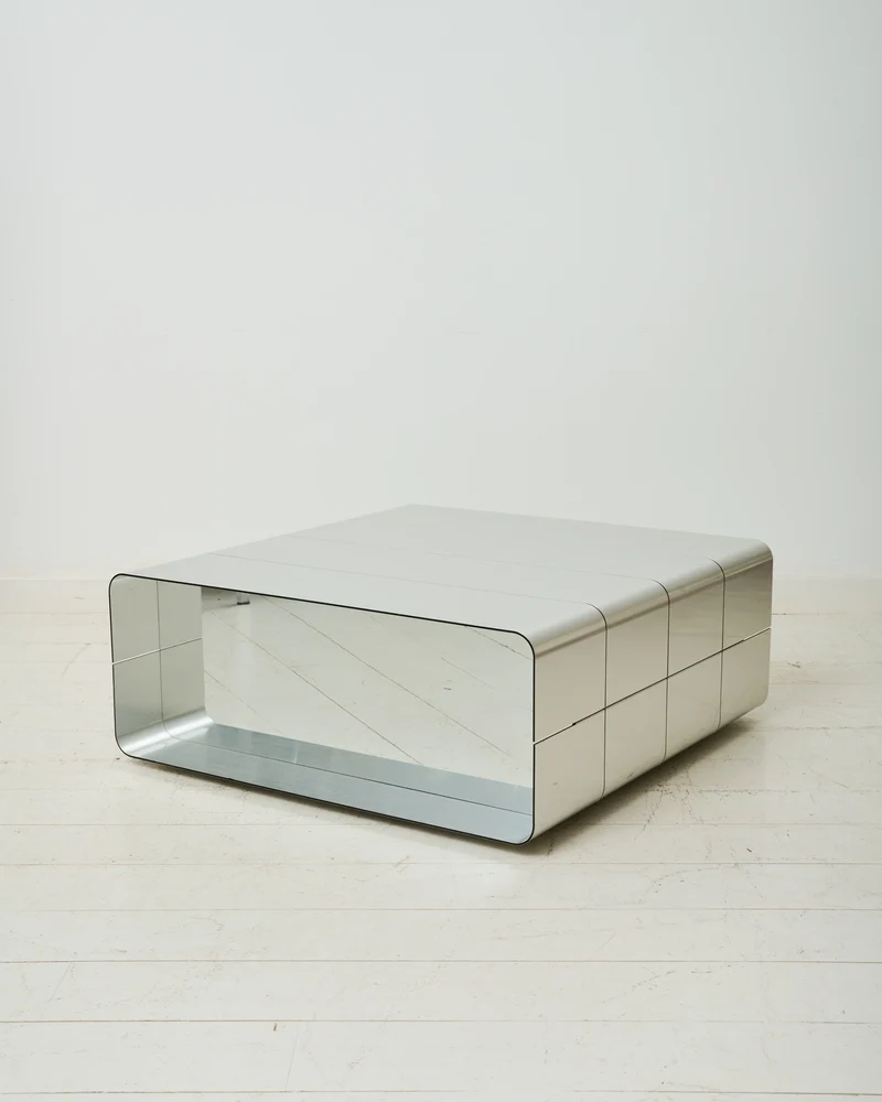 Table basse en aluminium et miroir, Roche Bobois, 1970-1980
