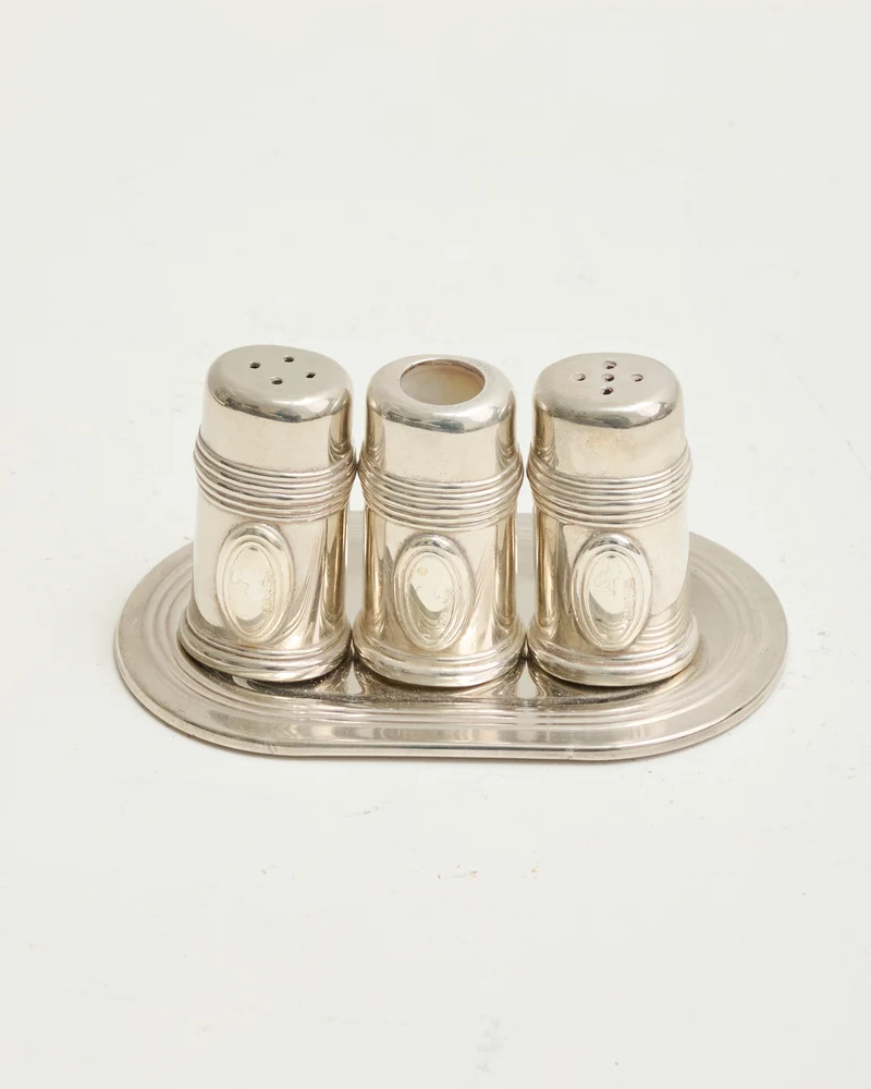 Set de service (sel, poivre, cure-dents), métal argenté