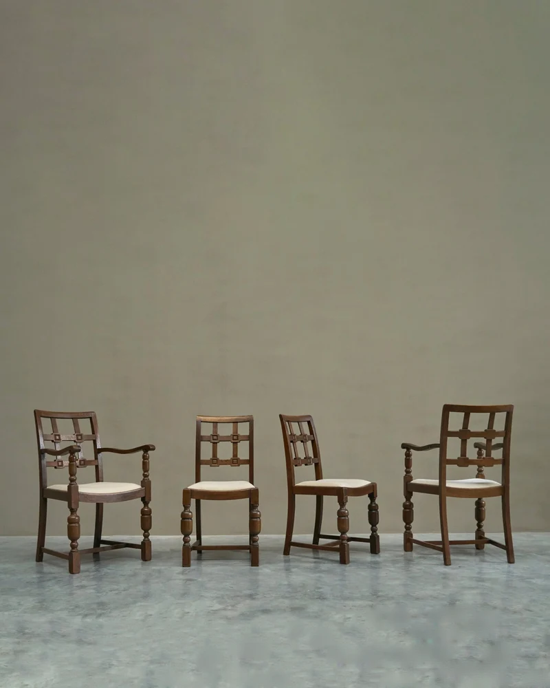 Beautiful Set of 4 French Chairs in Solid Oak and Velvet 1940s