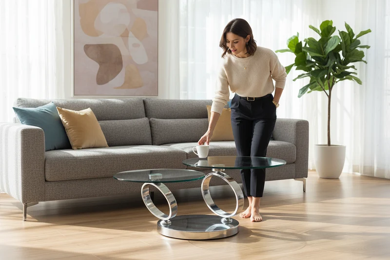 Table basse ronde en verre pivotante - Olivia