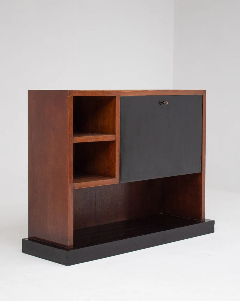 Art Deco Wooden Cabinet with Black Lacquered Door