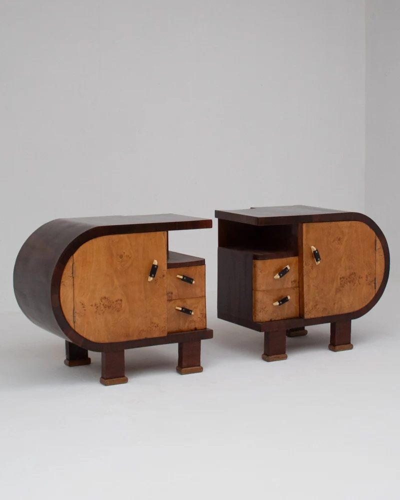 Pair of Art Deco Nightstands with Burl Wood Fronts