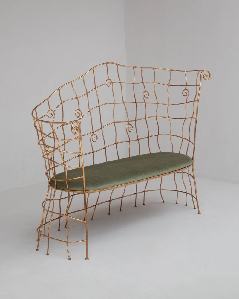 Sculptural Gilt Metal Bench with Green Upholstery