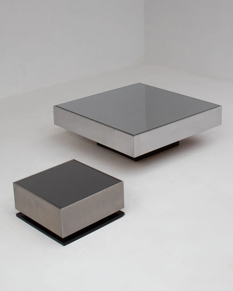 Pair of Italian Smoked Glass and Brushed Metal Coffee Tables