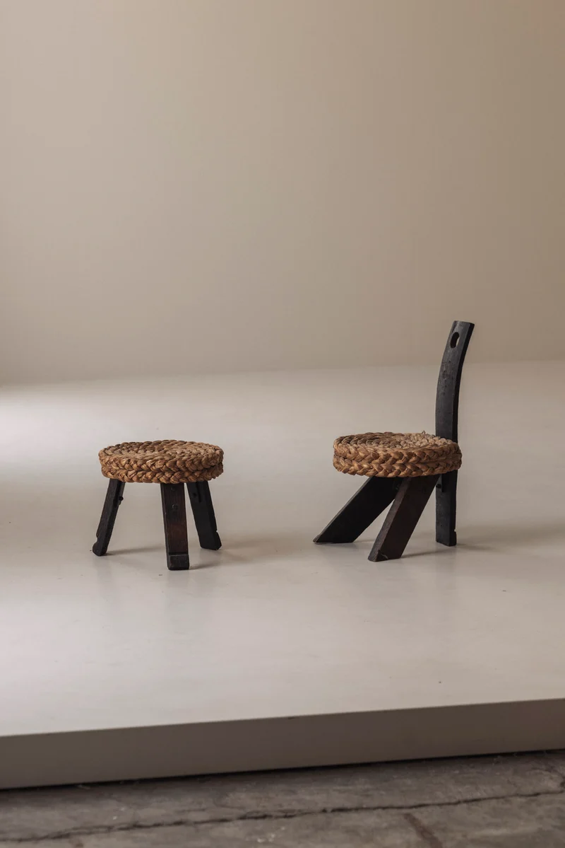 Rare Chair and Matching Stool by Adrien Audoux and Frida Minet, France 1950s