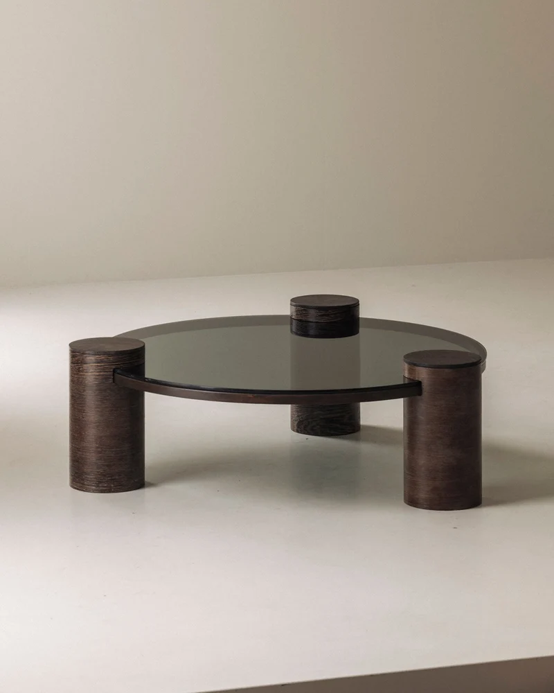 Sculptural Brutalist Wengé and Smoked Glass Round Coffee Table, 1970s