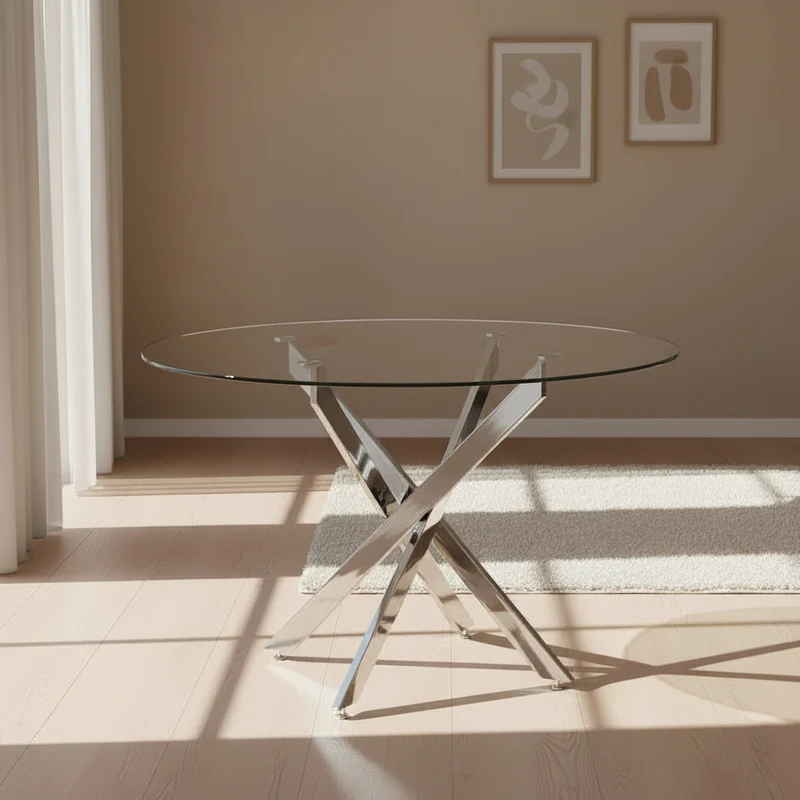 Table à manger ronde en verre pieds métal - Lassy