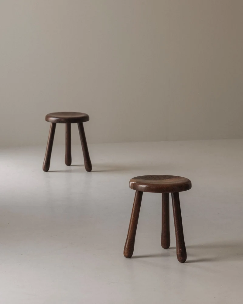 Set of Two Tripod Solid Elm Stools, France 1960s
