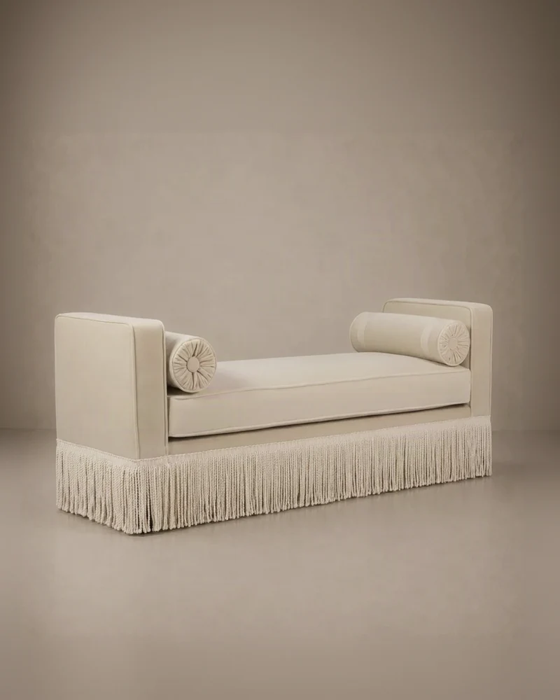 Julian Seat Bench - Velvet Pale Beige & Ivory Fringe