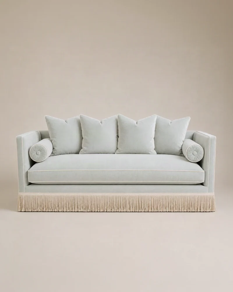 Steph Sofa 200 cm - Velvet Seafoam & Ivory Piping - Fringe