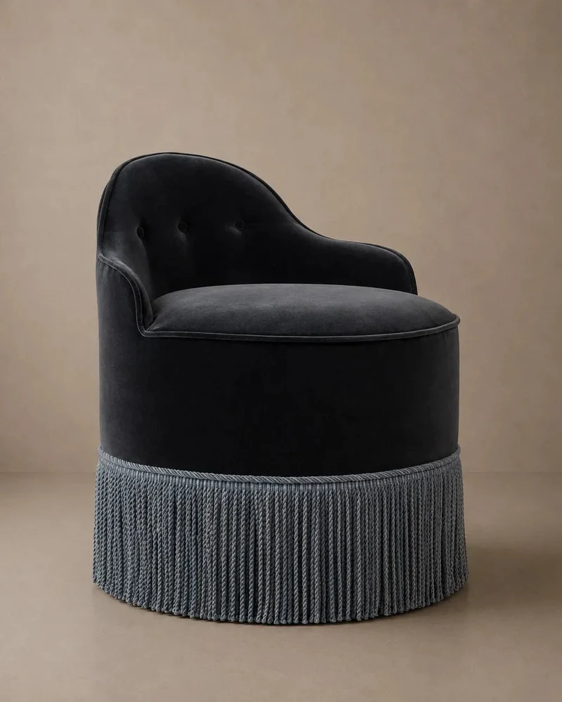 Lou Vanity Stool - Blue Stone Velvet & Blue Fringe