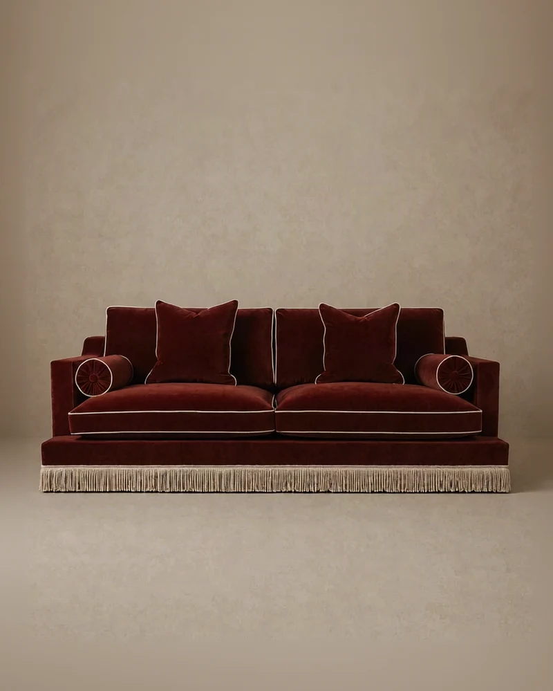 Orlando Sofa 230cm - Velvet Sangria & Cream Bullion Fringe
