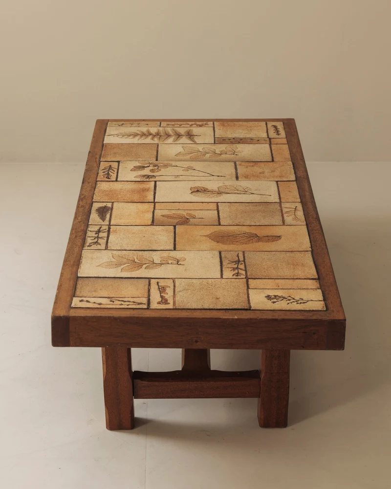 Coffee Table in Oak and Ceramic Sandstone Tiles by Roger Capron, France 1965
