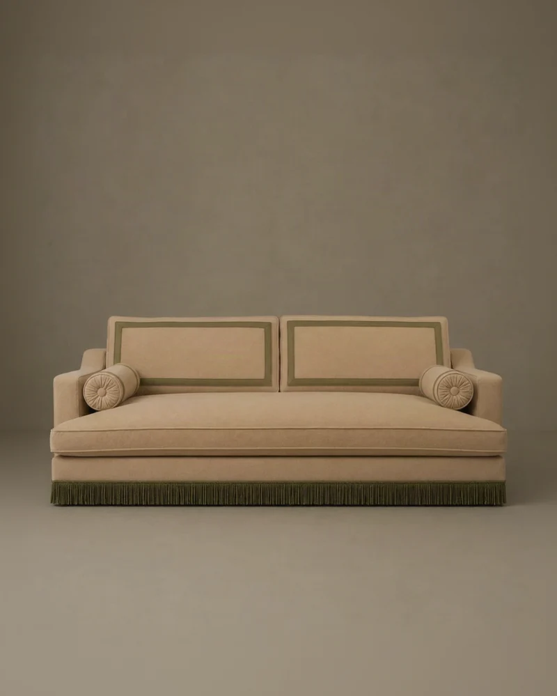 Orlando Sofa 230 cm - Mock Mohair Blush - Green Fringe