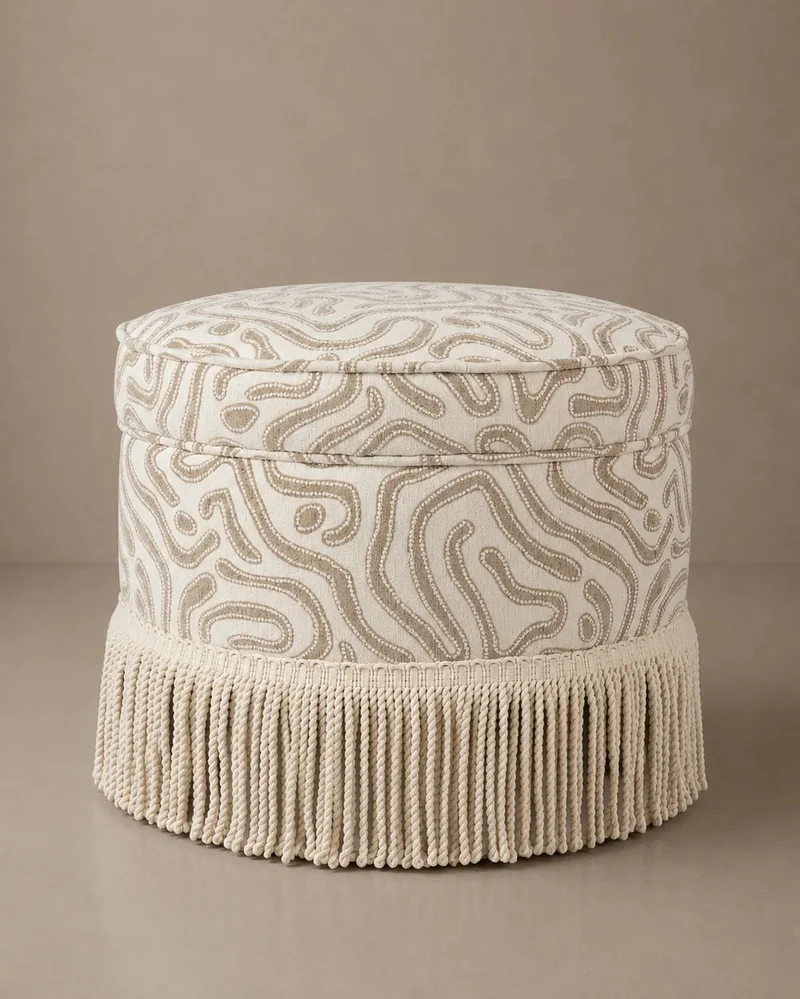 Laurent Pouf - Atoll Fabric & Ivory Fringe