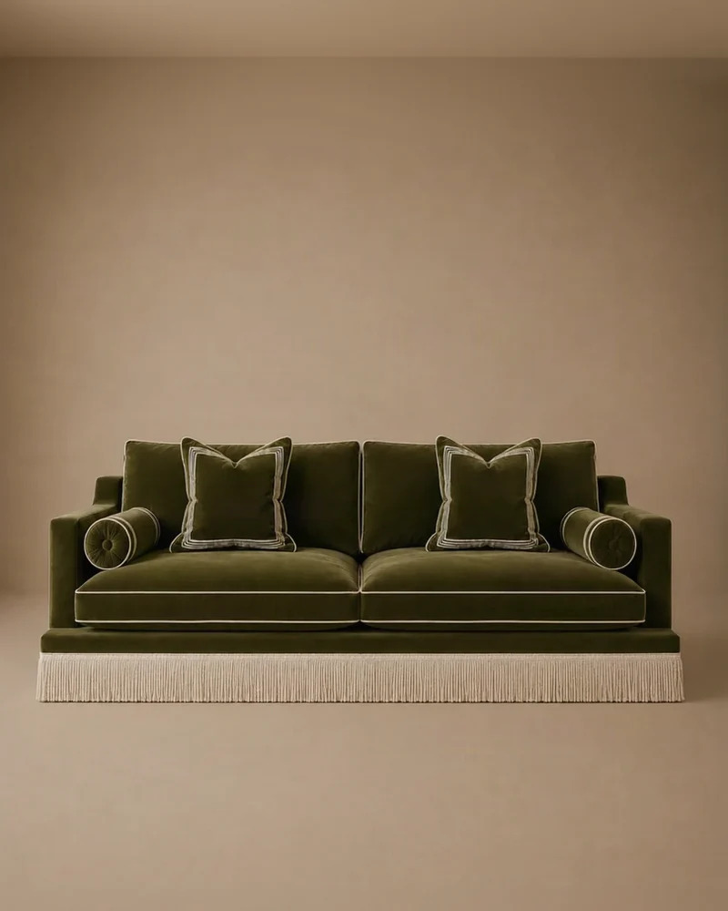 Orlando Sofa 230 cm - Safari Green Velvet with Fringes & Houlès trimmings