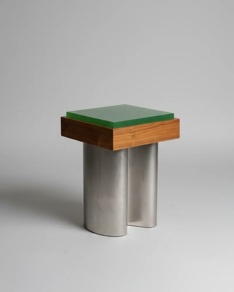 Agar 01 — Side Table in Teak, Resin and Stainless Steel