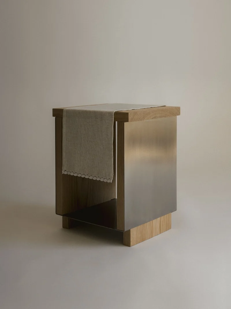 B2 STOOL Side Table in Oak and Stainless Steel