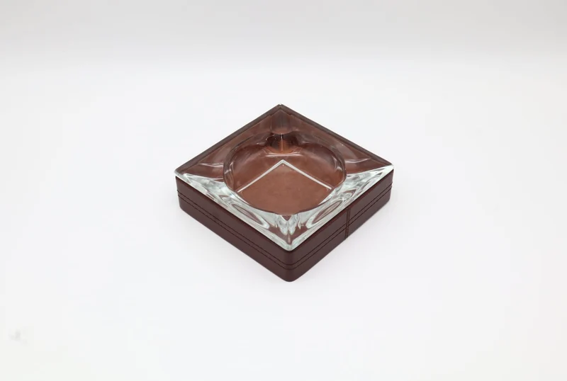 Mid-Century Glass and Leather Ashtray – Italy, 1970s