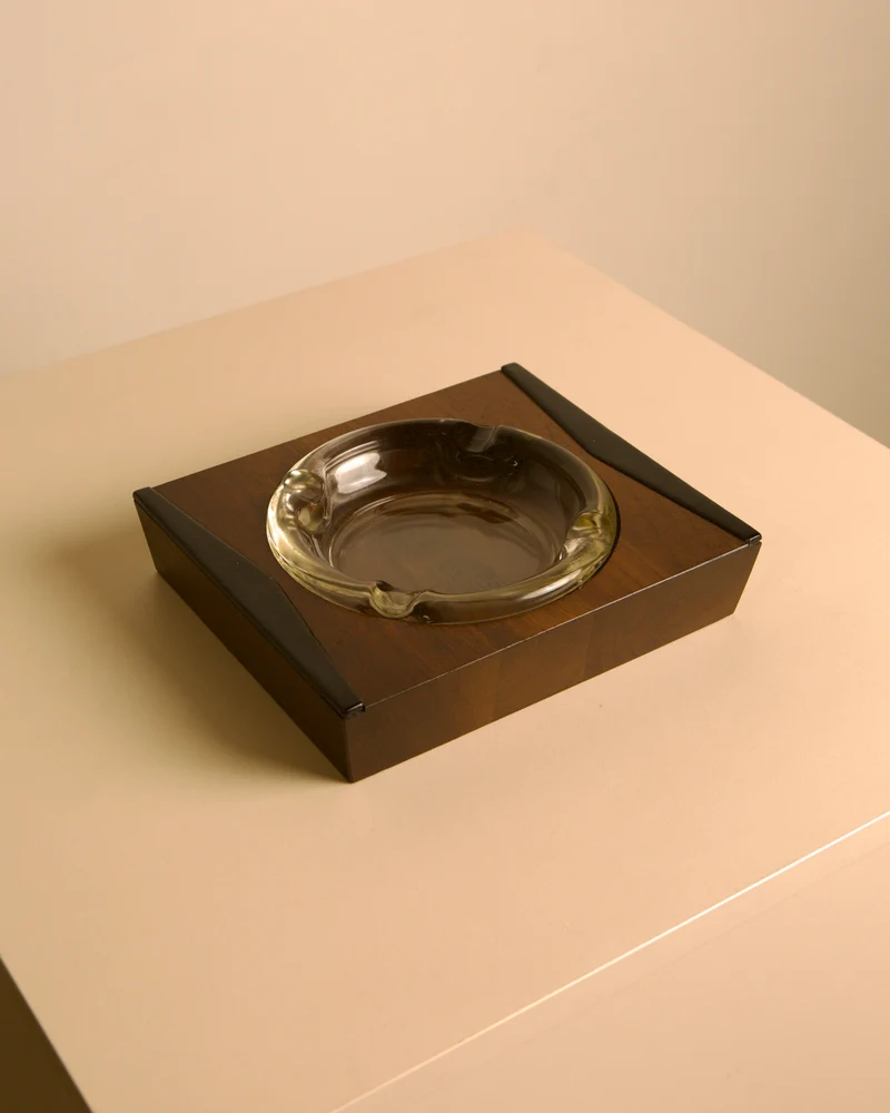 Italian Solid Wood and Black Leather Ashtray, 1960s