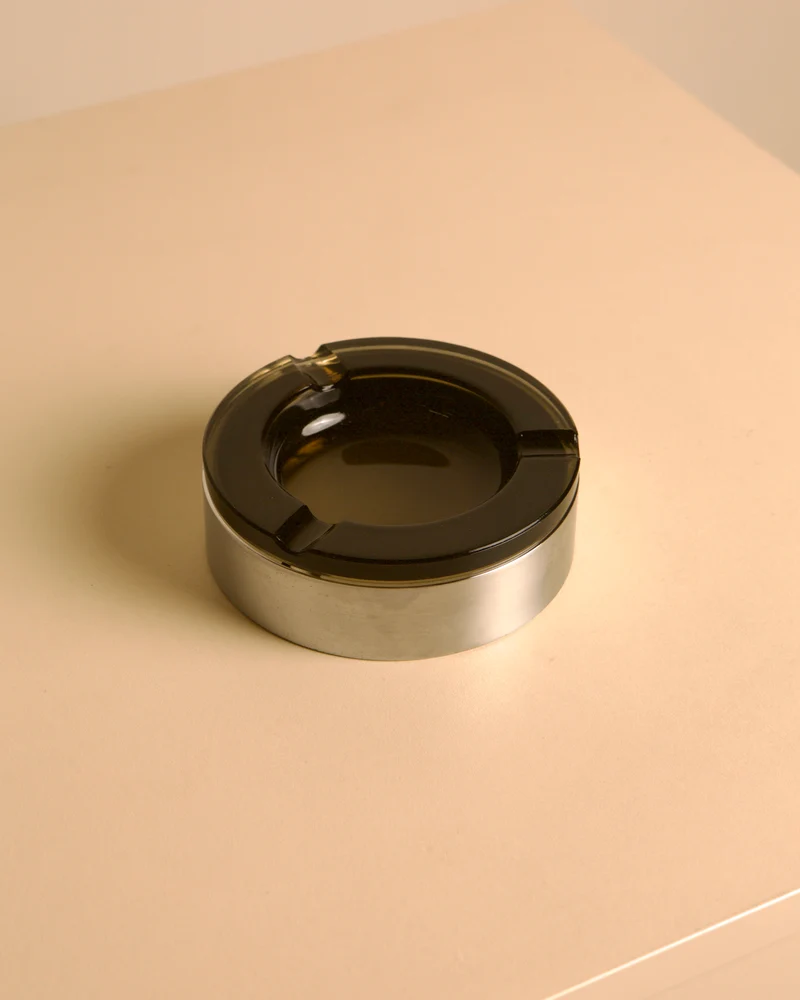 Italian Circular Metal and Amber Glass Ashtray, 1970s