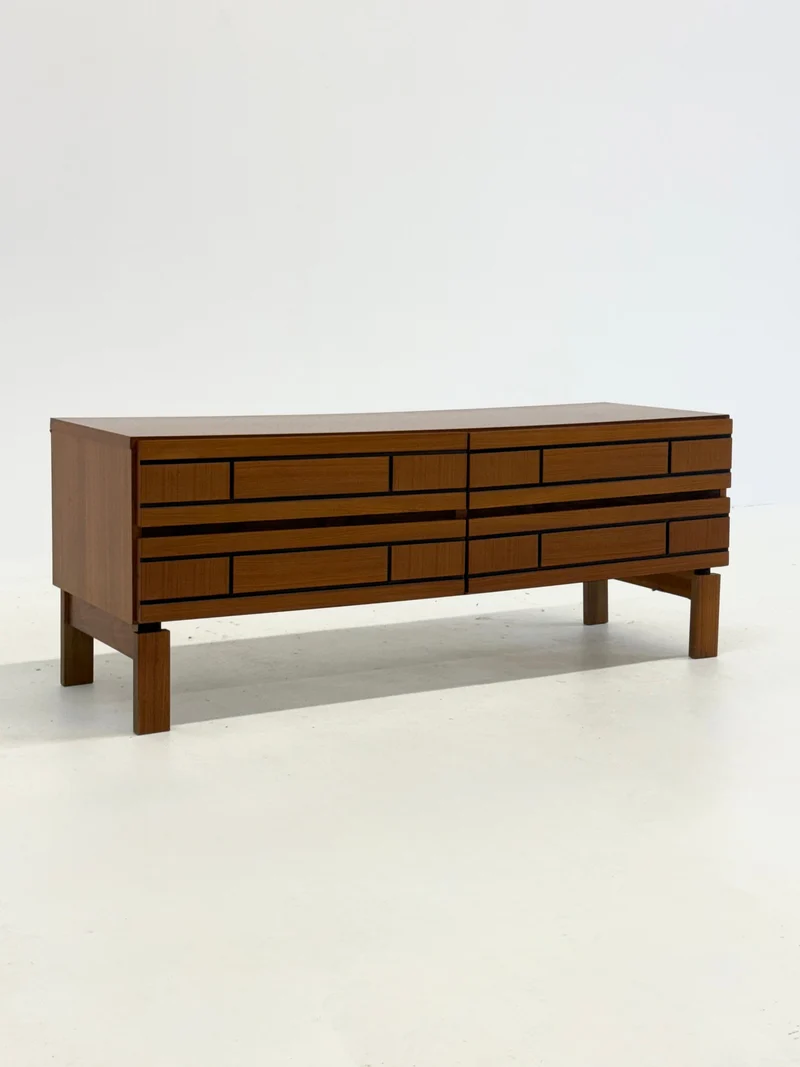 Low Italian Wooden Sideboard with Graphic Black Lines
