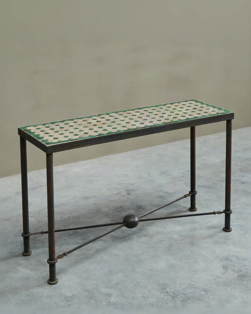 Art Deco Console Table in Patinated Iron and Tiles, 1940s