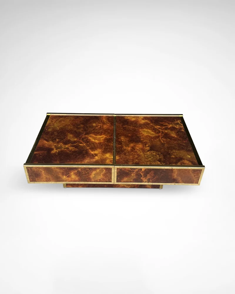 Burl Wood and Brass Coffee Table with Integrated Bar by Maison Lancel