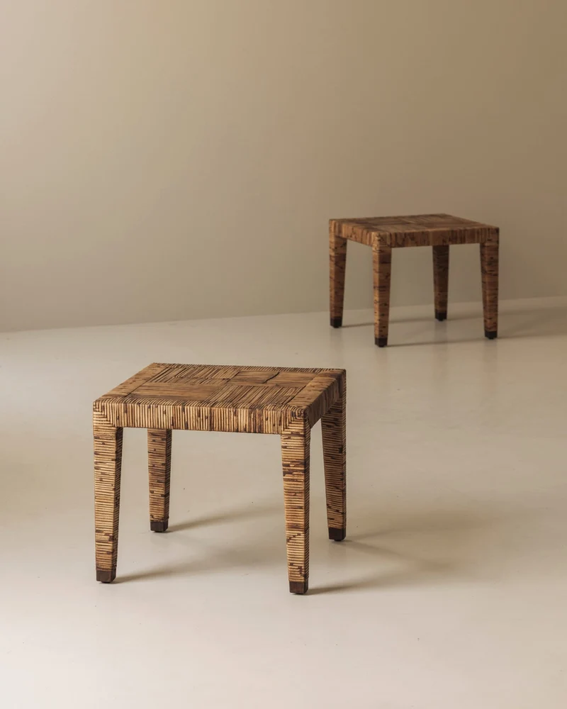 Exceptional French Rattan Wrapped Side Tables, 1970s — Pair