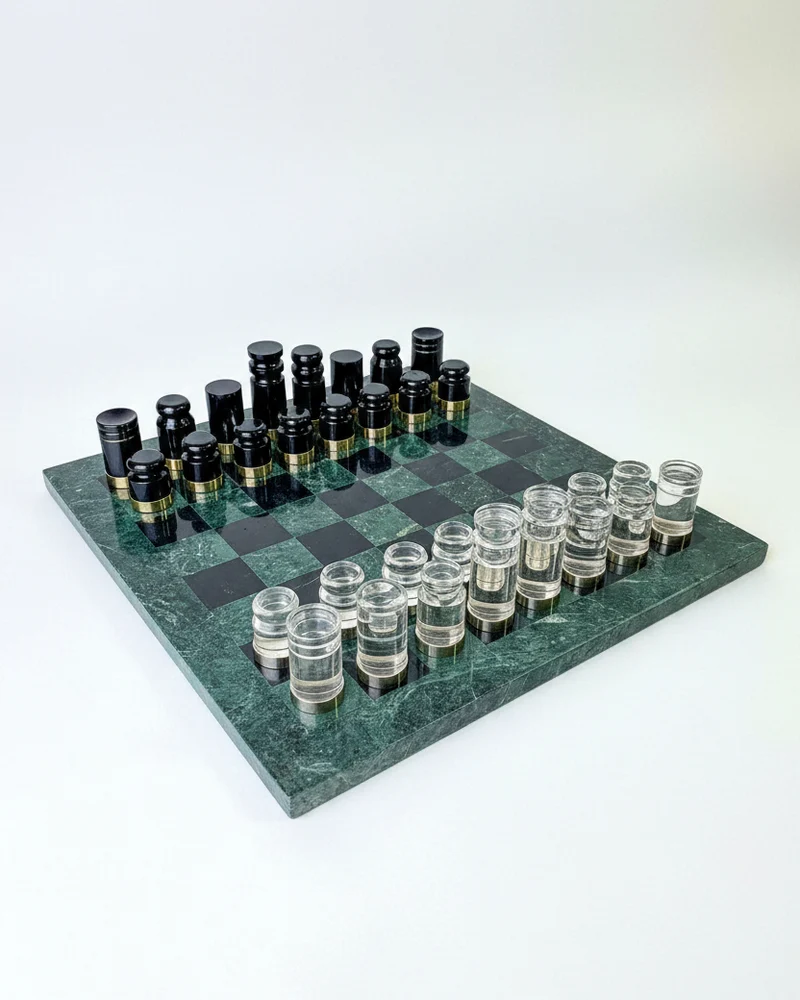 Acrylic & Gilt Brass Chess Set with Marble Board, Italy, 1970s
