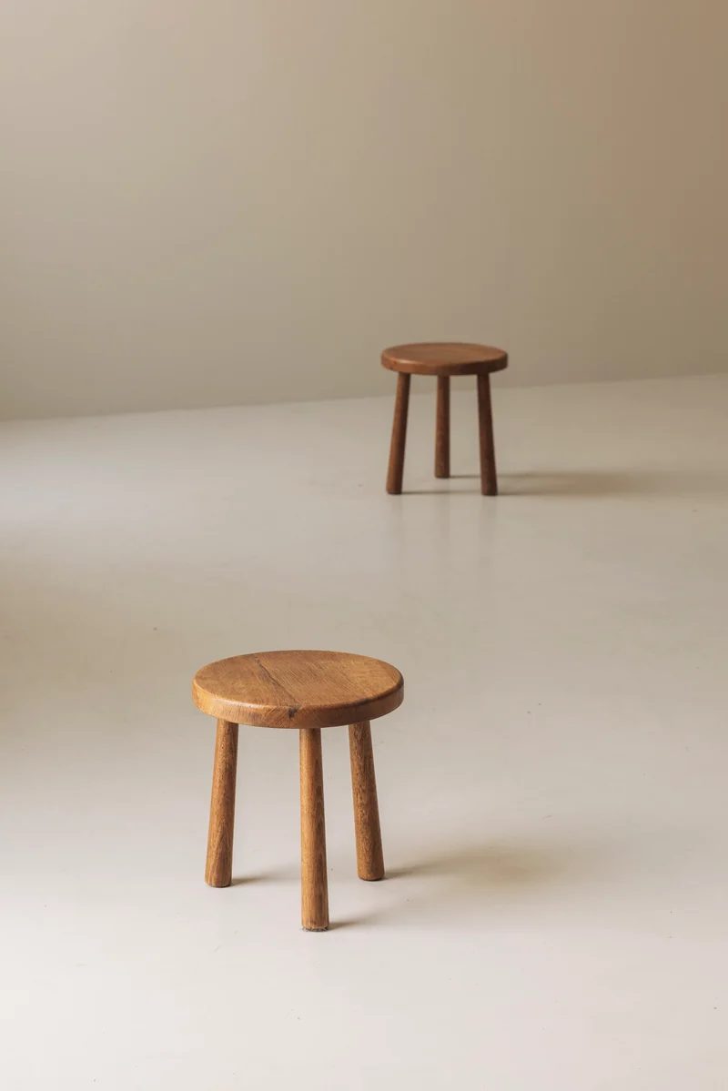Sculptural Set of Two Solid Oak Stools, France, 1960s