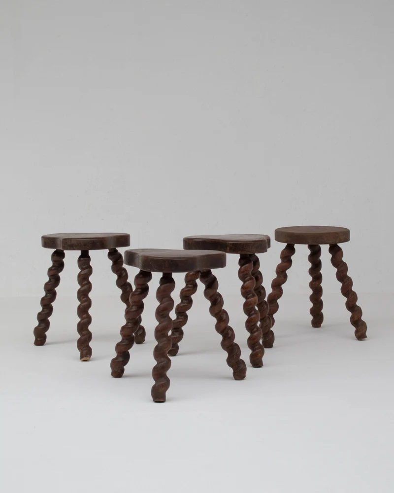 Set of 4 Primitive Oak Stools with Spiral Legs