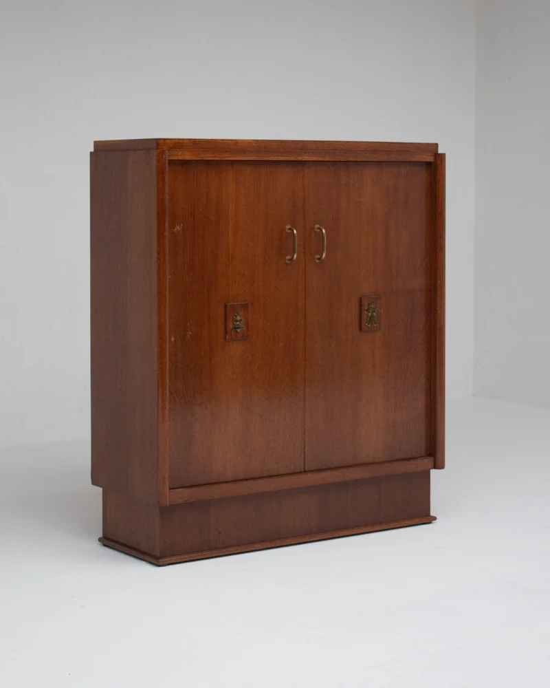 Mid-Century Oak Cabinet with Brass Handles and Decorative Inlays