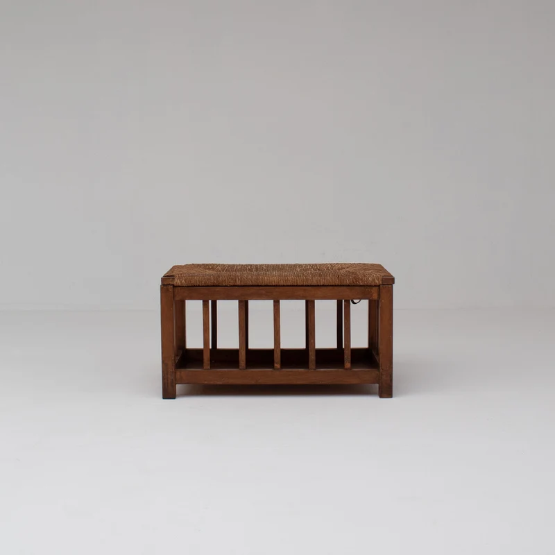French Oak Storage Bench with Woven Rush Seat