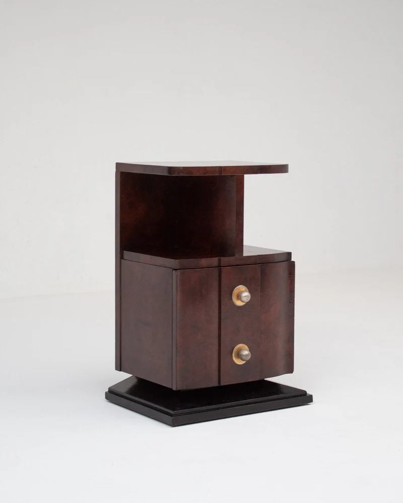 Art Deco Bedside Cabinet in Burr Walnut with Brass Hardware
