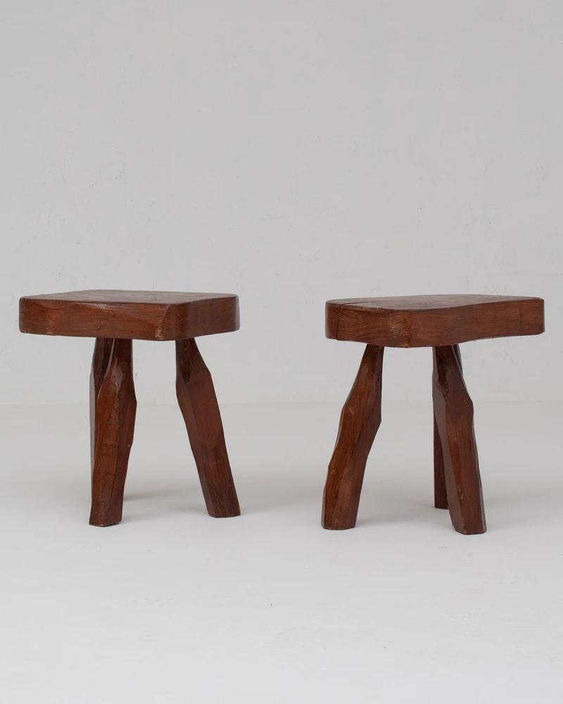Pair of Sculptural Solid Wood Brutalist Stools, France, 1960s