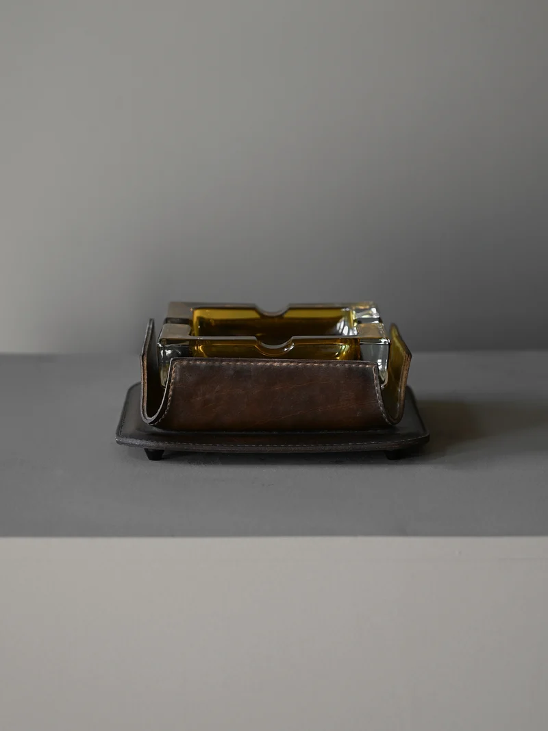 Cast-Glass and Leather Ashtray attributed to Jacques Adnet