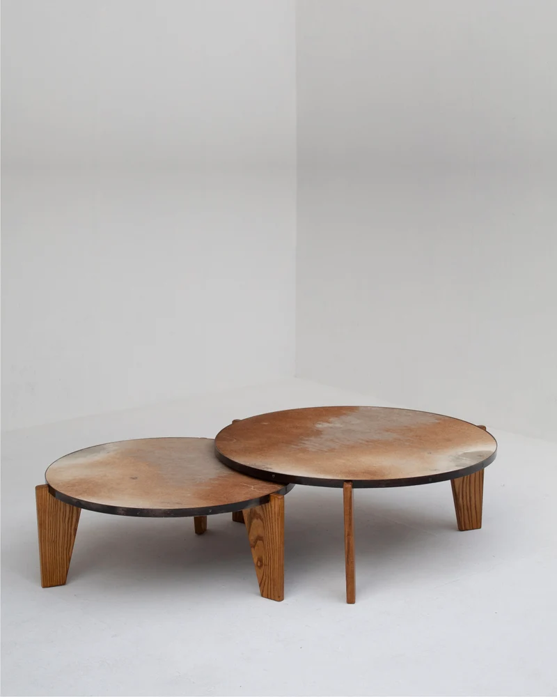 2 Coffee Tables in Wood and Cowhide