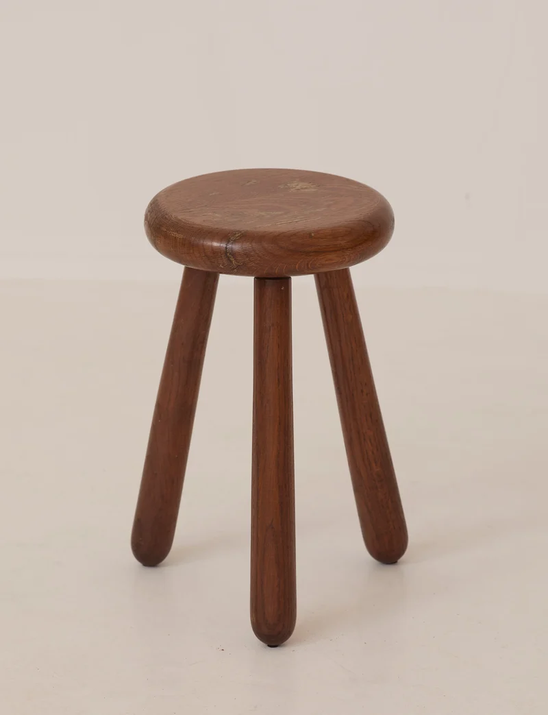 Vintage Brutalist Tripod Stool Handcrafted in Solid Oak Wood C. 1960