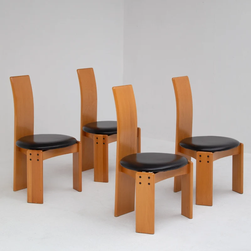 Set of Dining Chairs in Wood and Leather by Mario Marenco for Mobil Girgi