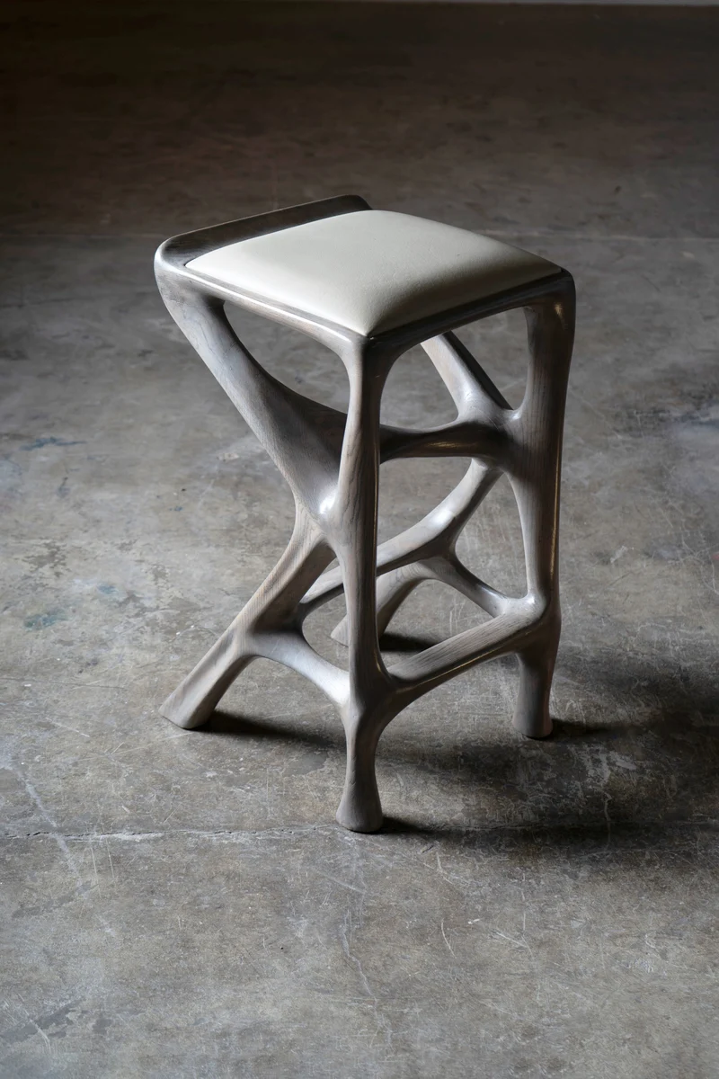 Sculptural Chimera Stool in Ash Wood with Upholstery