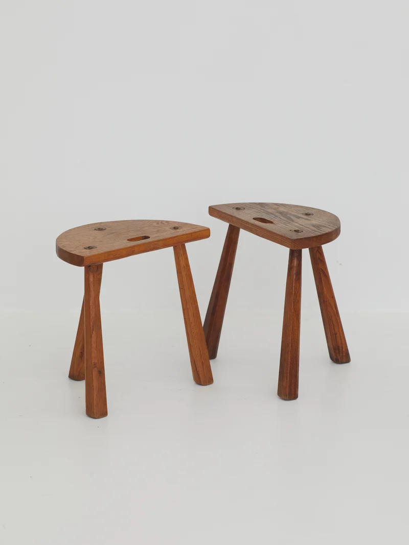 Two French Artisanal Solid Wood Half-moon Tripod Stools, Circa 1950