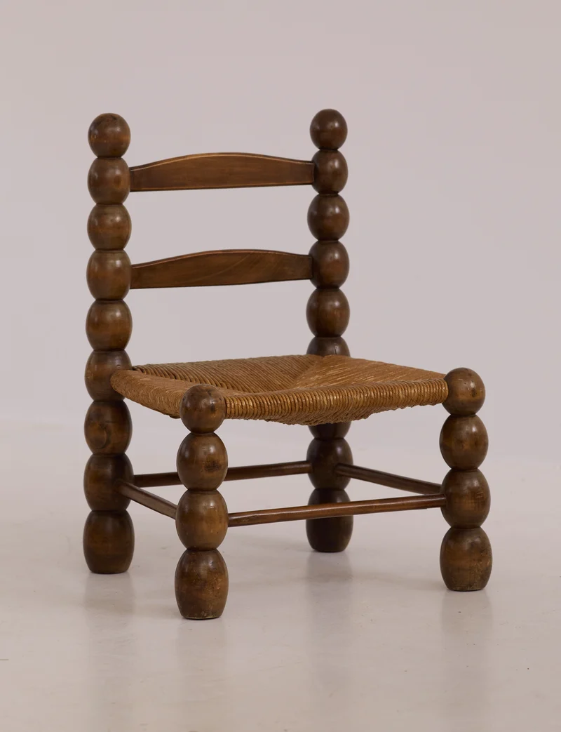 Vintage French Oak Wood and Straw Low Chair C. 1940