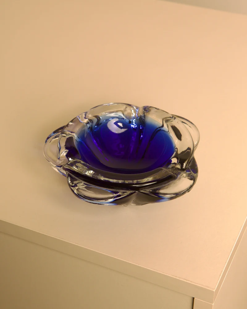 80's Blue Murano Glass "Flower" Ashtray