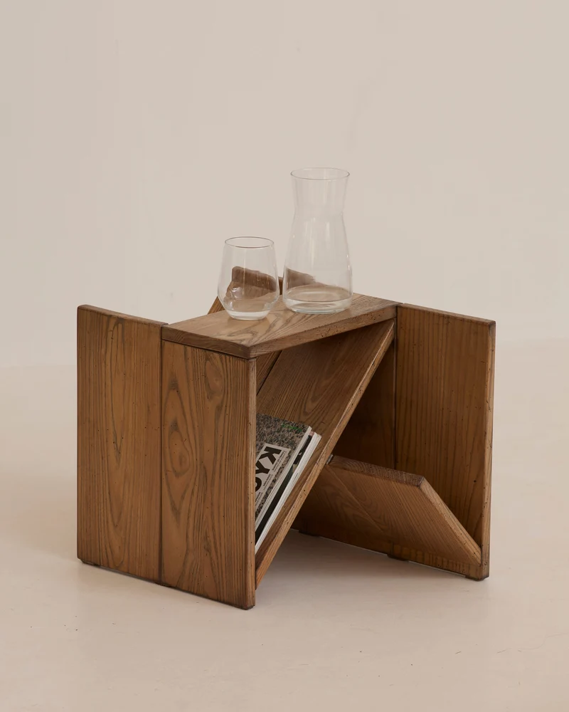 Vintage Side Table / Magazine Rack in Elm Wood by Alain Ladroit for Maison Regain C. 1980