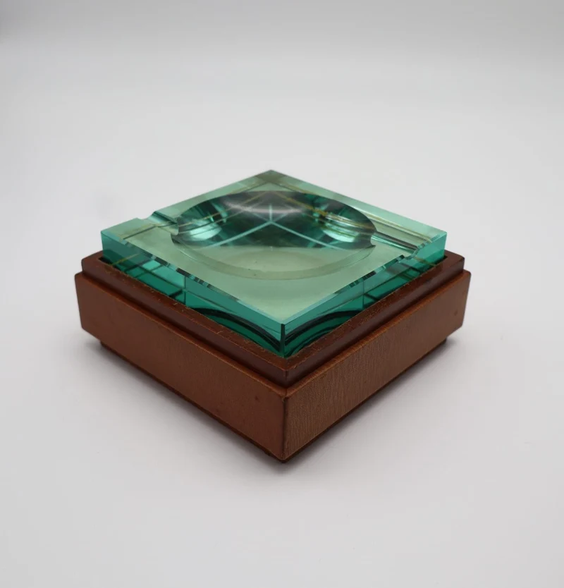 Mid-Century Fontana Arte Style Crystal & Leather Ashtray – Italy, 1960s