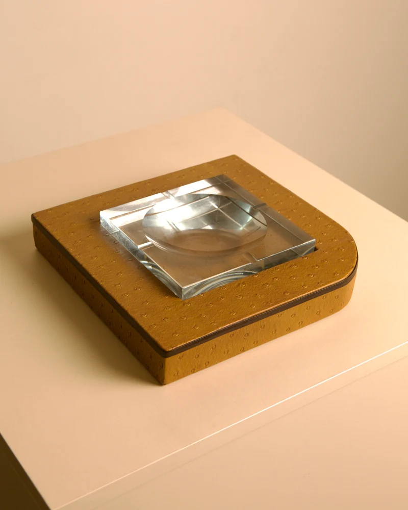 Glass and Faux Ostrich Leather Ashtray, Italy, 1980s